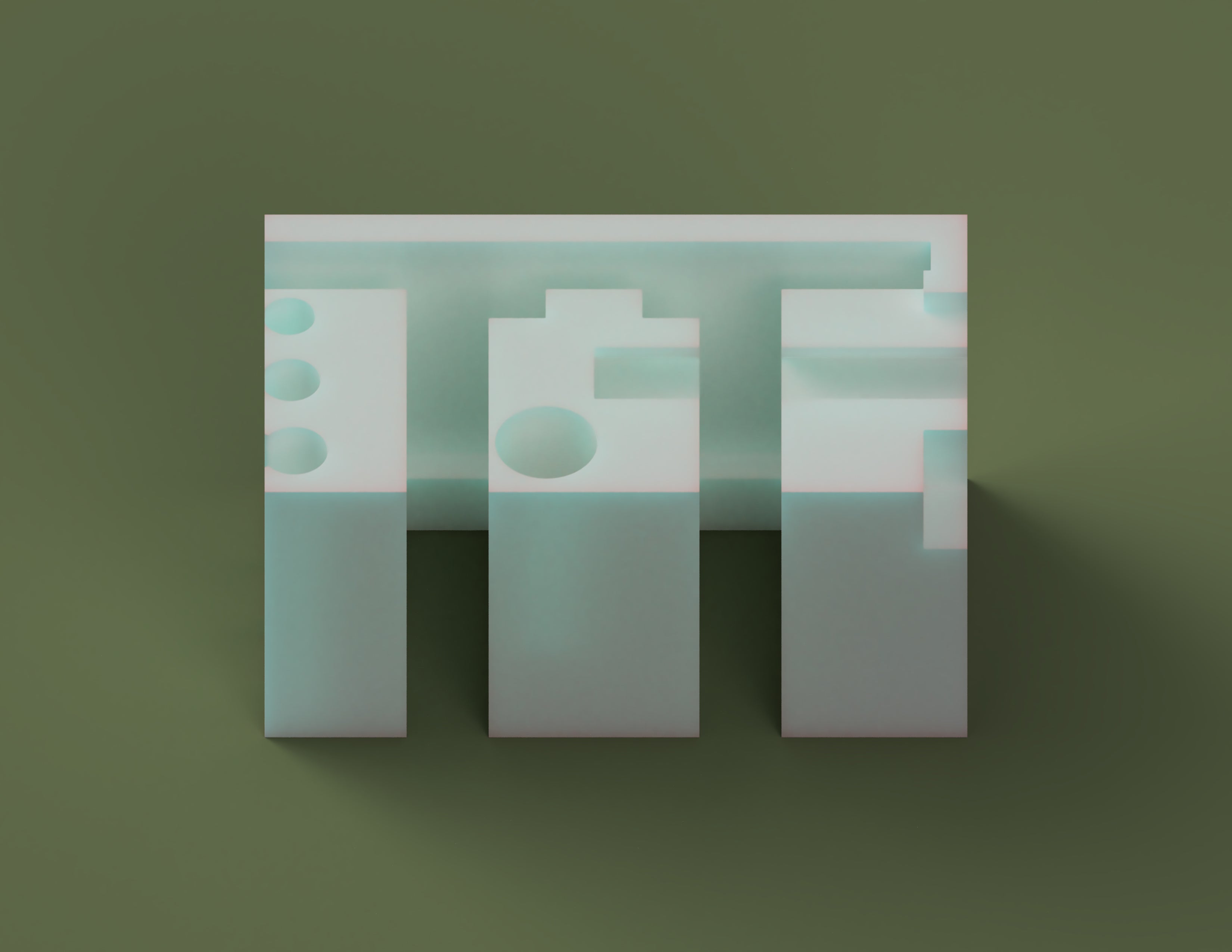 Three rectangular panels with geometric shapes on a green background
